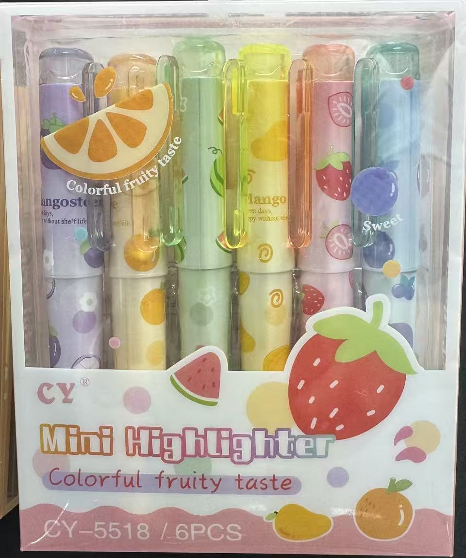 A 6-pack of mini highlighter pens in a clear plastic box with a printed front label. The pens are assorted pastel colors with fruit illustrations, including orange, mango, lemon, strawberry, blueberry, and sweet potato motifs.