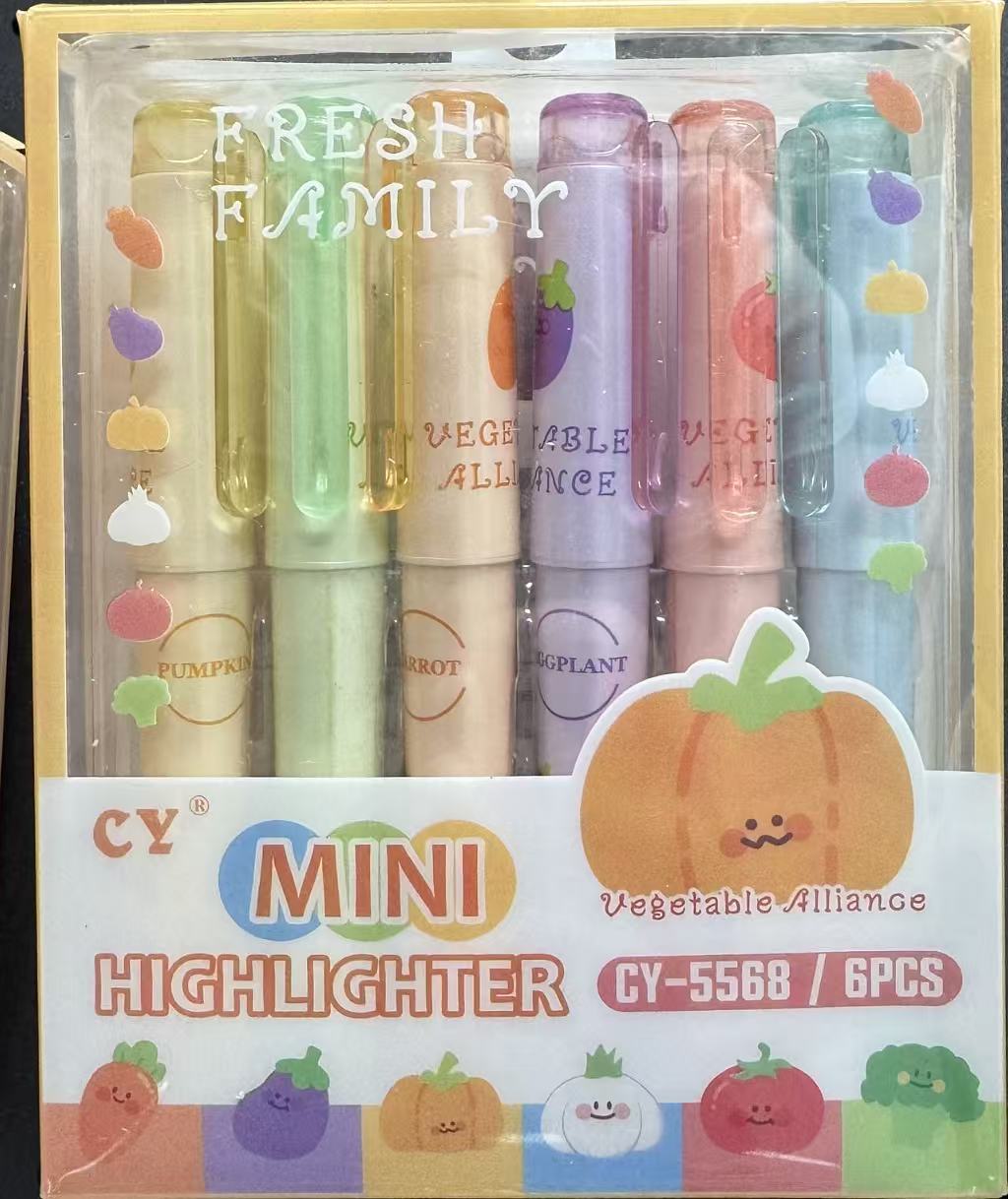 A 6-pack of CY Mini Highlighters in the 'Vegetable Alliance' color theme, packaged in a clear plastic case with a white and yellow cardboard backing. The highlighters feature pastel colors corresponding to different vegetables (pumpkin, carrot, eggplant, tomato, potato, broccoli) and are decorated with small vegetable illustrations.